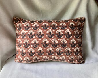 Brown and Black Floral Pattern Block Print Fabric Rectangular Pillow