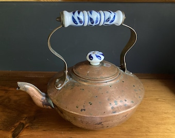 Vintage Aged Copper Tea Kettle with Blue and White Ceramic Handle
