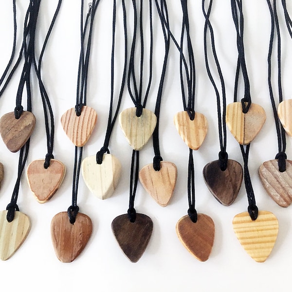 Reclaimed wood guitar pick necklaces