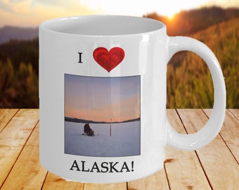 I Love Alaska Ice Fishing Mug, Alaska Gift Mug, Alaska Coffee Mug, Alaska Gift, Fishing Gift, Gift for fisherman, Gift for Dad