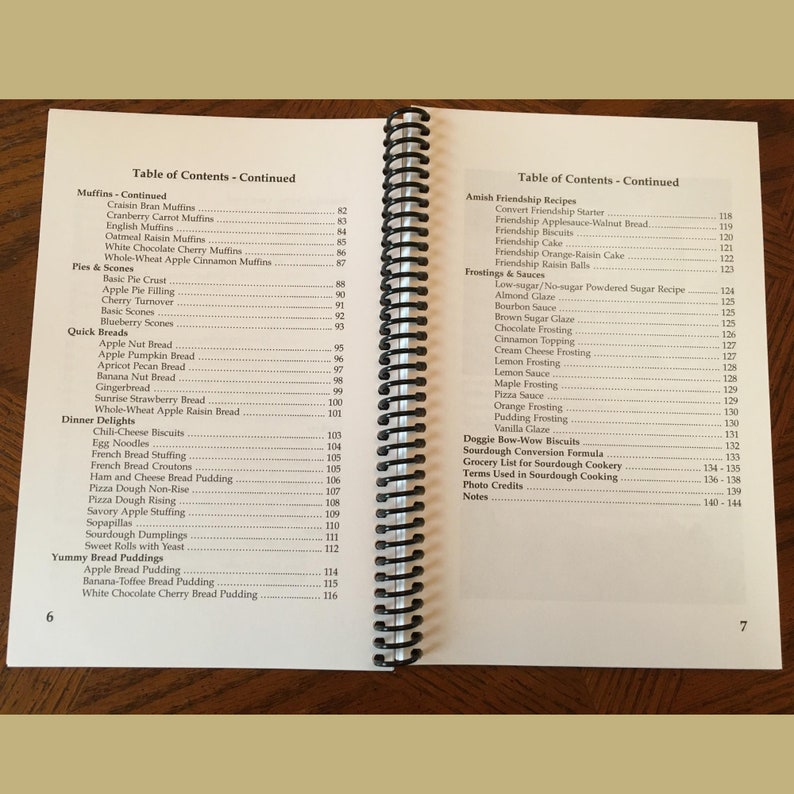 May include: Open cookbook with a spiral binding, displaying a detailed table of contents. The pages list various recipes, including muffins, quick breads, and dinner delights. The book is open on a wooden surface.