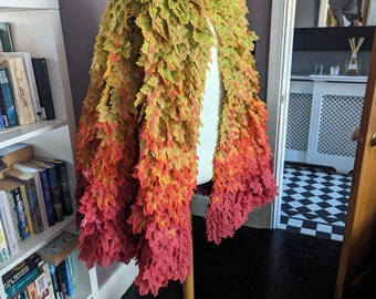 Fabric leaf cloak with leather leaves and fungi details hip length