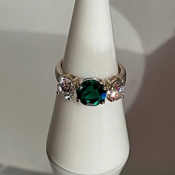 Three Stone Ring Simulated Emerald and Diamonds V… - image 3