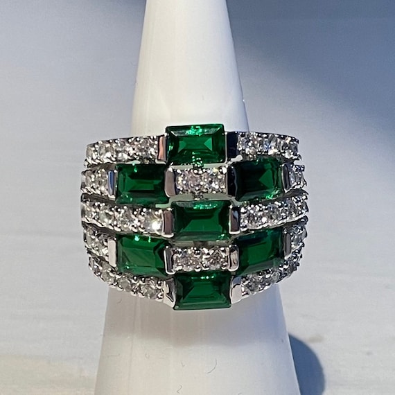 Emerald & Diamond Statement Cocktail Ring Heavy S… - image 1