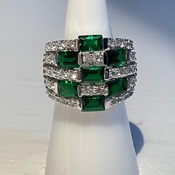 Emerald & Diamond Statement Cocktail Ring Heavy S… - image 4