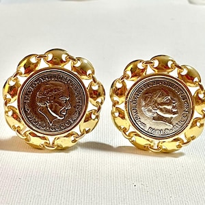 Gucci Clip Earrings Gold Silver Coin Mariner Designer Signed Vintage Jewelry