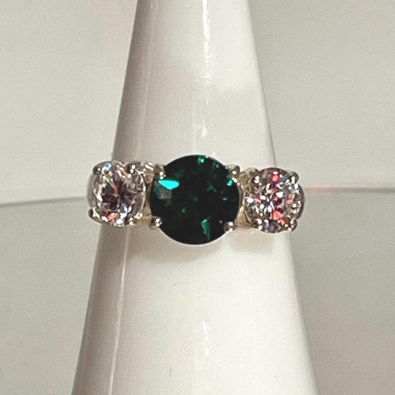 Three Stone Ring Simulated Emerald and Diamonds V… - image 1