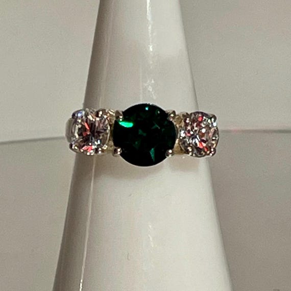 Three Stone Ring Simulated Emerald and Diamonds V… - image 5