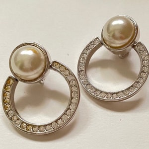 KJL Pearl Crystal Clip On Hoop Earrings Kenneth Jay Lane Designer Signed Vintage Jewelry