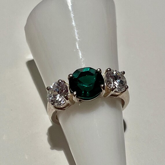 Three Stone Ring Simulated Emerald and Diamonds V… - image 2