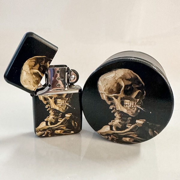 Van Gogh Lighter and Grinder Set, Smoking Skeleton Lighter and Grinder, Flip top Lighter, Grinder With Catcher, Men Smoking Accessories