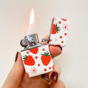 Cute Lighter, Strawberry Lighter, Refillable Lighters, Strawberry And Daisies Lighter, Girly Lighter, Windproof Flip Lighter, Girlfriend