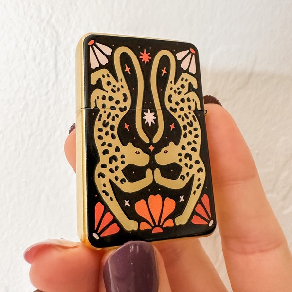 Twin Leopards Lighter, Vintage Lighter, Windproof Flip Top Lighter, Brushed Gold Lighter, Best Gift For Girlfriend, Smoking Accessories