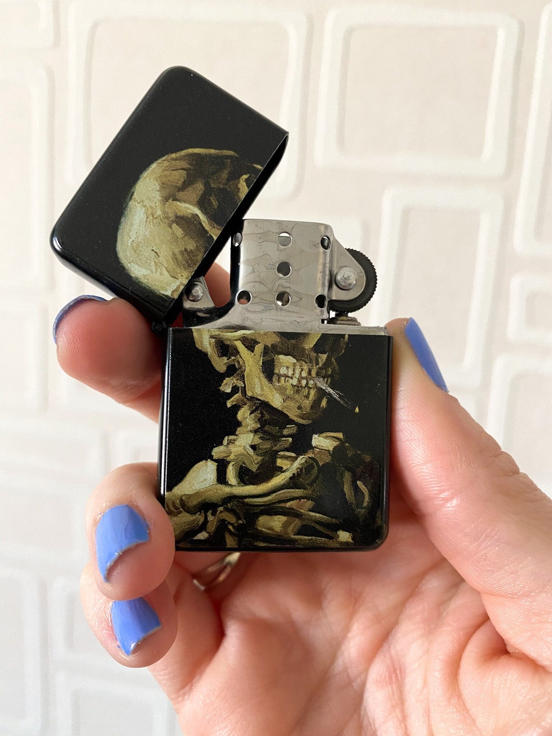Van Gogh&#39;s Smoking Skeleton Windproof Flip Top Lighter, unique lighter, pretty lighter, gift for him