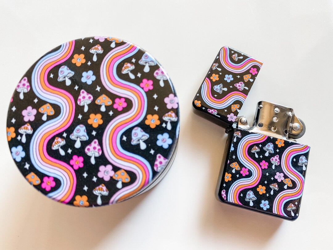 Set of Grinder and Lighter, Girly Grinder, Rainbow Fungi Lighter