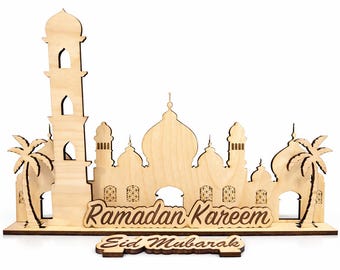 Ramadan Kareem & Eid Mubarak Wooden Mosque Decor – Islamic Home Decoration