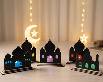 Mosque Tealight Set - Ramadan Decor, Islamic Gift, Colorful Silhouettes