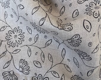 Pure linen black floral liner fabric. Vintage upholstery fabric. Heavy weight fabric. Fabric for tablecloth, apron, vest, pants