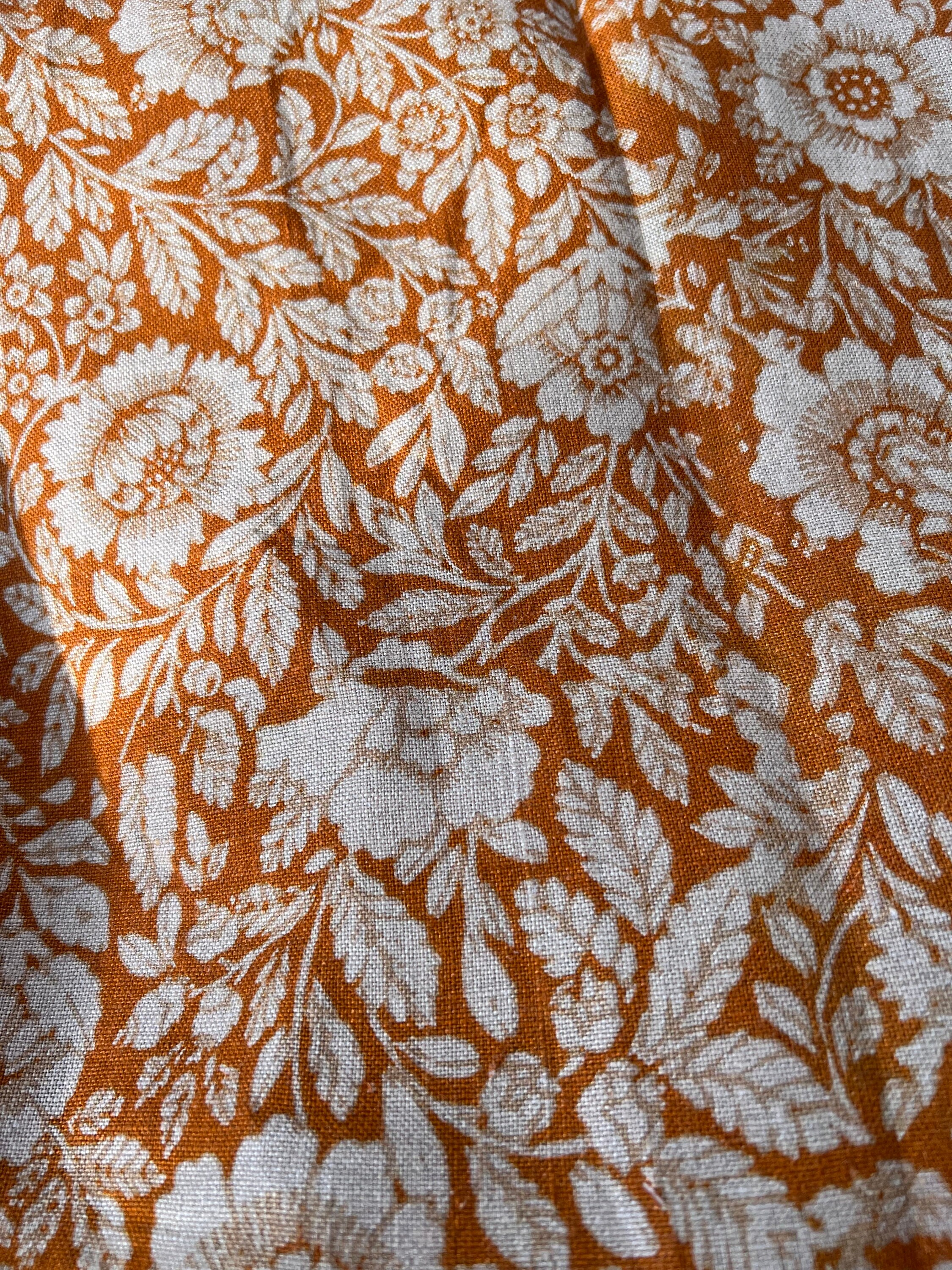 Pure Linen Orange Floral Pattern Vintage Fabric. Upholstery Etsy