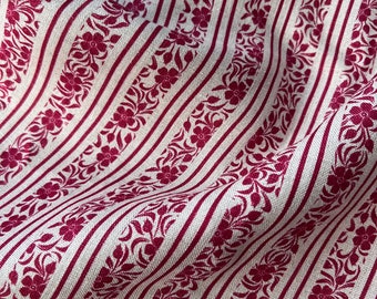 Pure linen burgundy floral stripe pattern fabric. Prewashed linen fabric. Heavy weight fabric. Fabric for tablecloth, apron, vest, pants