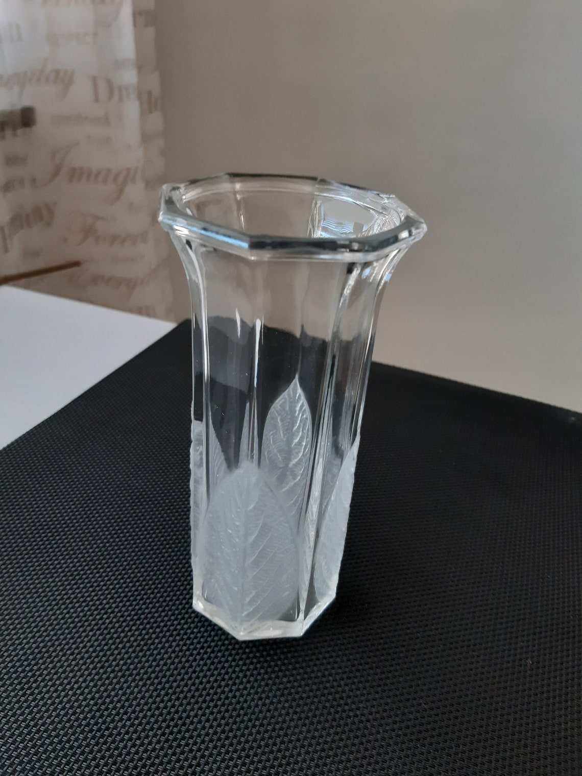 Beautiful octagonal glass vase with leaves pattern. Etsy
