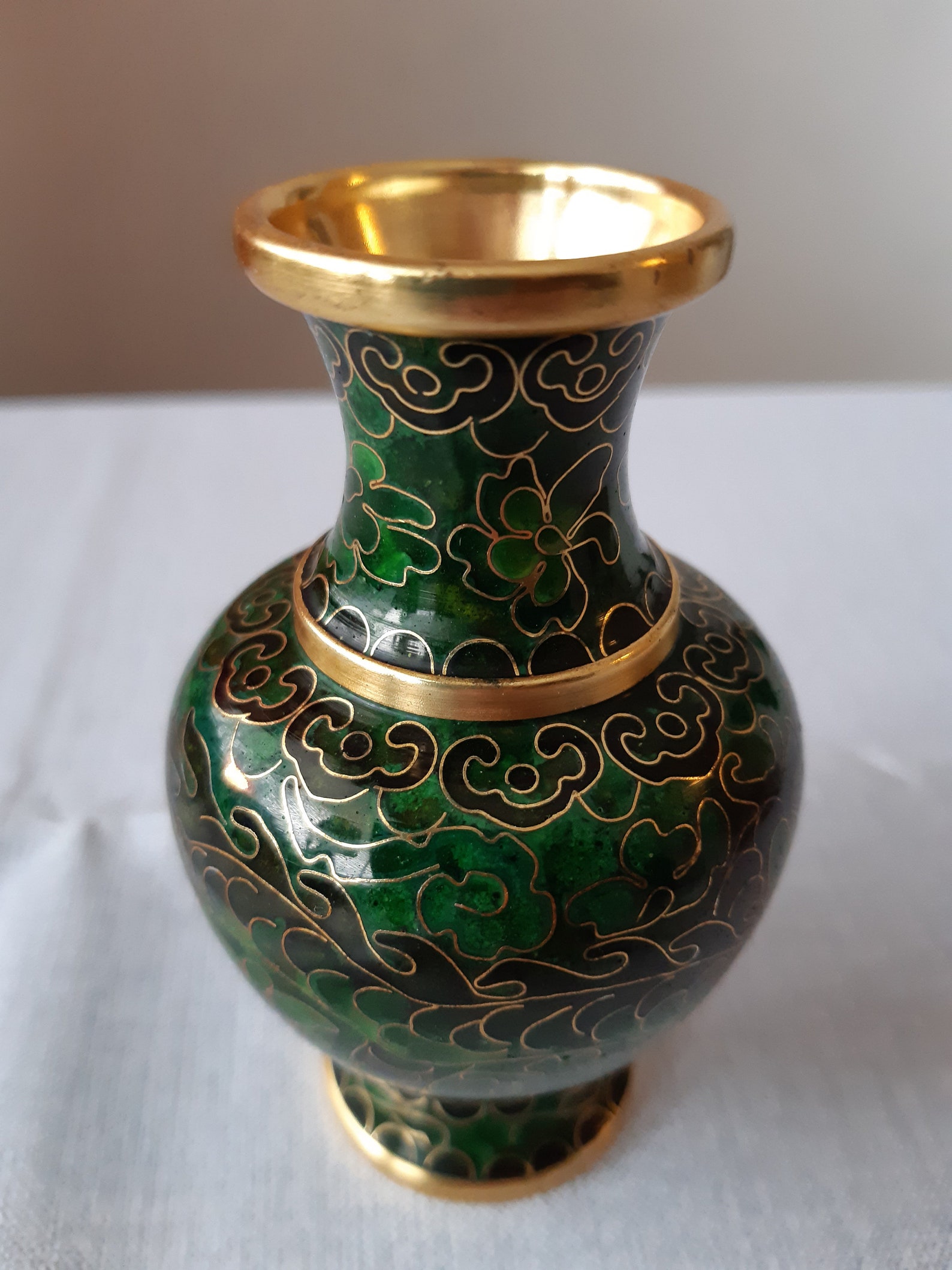 Chinese small green cloisonne vase with dragon. Etsy