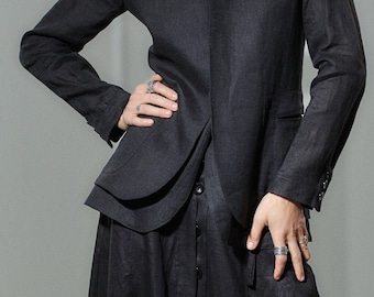 Completo blazer in lino nero e pantaloni a cavallo basso – Abbigliamento d'avanguardia