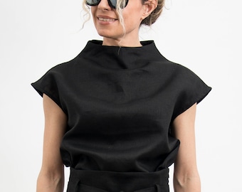 Zwart linnen crop top avant-garde kleding, linnen blouse vrouwen korte mouw, dames linnen top, Goth shirt voor vrouwen