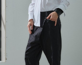 Black cotton pants womens, Avant garde baggy pants organic clothing, Extravagant black pants with decorative details, Plus sizes available