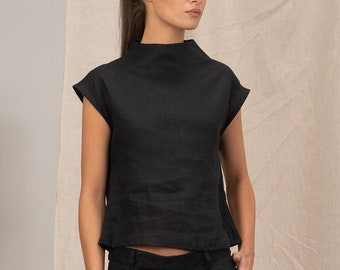 Schwarzes Leinen-Top, Avantgarde-Kleidung, Leinenbluse für Damen, kurze Ärmel, minimalistisches Damen-Top, futuristische Kleidung, Leinenkleidung