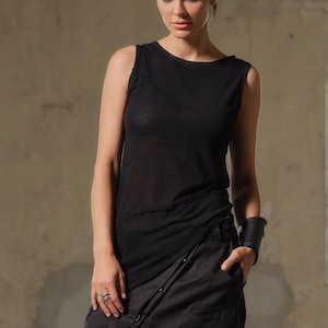 Black Asymmetric Fine-Knit Women&#39;s Top, Sleeveless deconstructed tunic, Minimalist clothing women, Avant garde clothing Plus sizes available