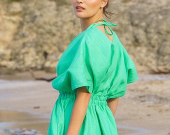 Grassy green linen cocktail dress, Summer linen dress linen clothing, Voluminous dress, Maxi vacation dress, Beach linen dress