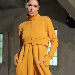 Asymmetrical crop top, Cotton sweatshirt women plus size clothing, Mustard turtleneck blouse with thumb hole, Avant garde long sleeve top