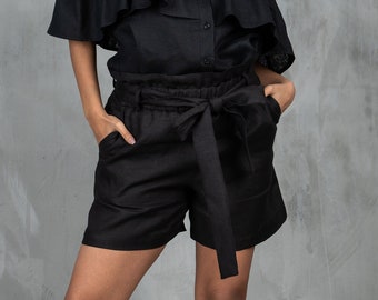 Linen Loose Casual Drop Crotch Shorts, Black Linen Belted Pants, Womens Black Shorts, Extravagant Sexy Soft Pants, Linen Short Pants