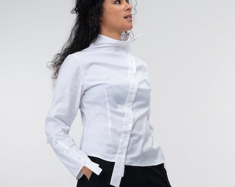 Asymmetrical white cotton shirt women, Avant garde cotton long sleeve top women, extravagant organic cotton women shirt