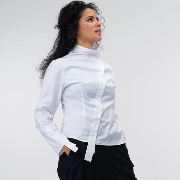 Asymmetrical white cotton shirt women, Avant garde cotton long sleeve top women, extravagant organic cotton women shirt