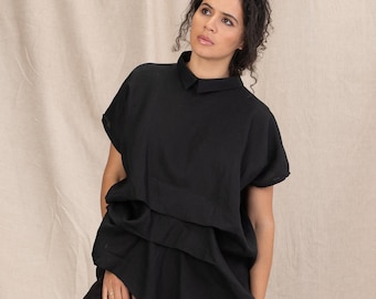 Tunique en lin noire, haut en lin pour femme, vêtements avant-gardistes, chemise en lin, haut tunique grande taille, caftan asymétrique, chemise grande taille