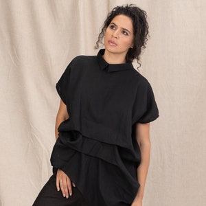 Black linen tunic, Womens linen top avant garde clothing, Linen shirt, Plus size tunic top, Asymmetric kaftan, plus size shirt
