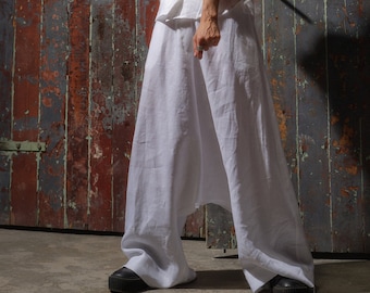 White Linen Harem Pants, Drop Crotch Boho Style, Plus Sizes