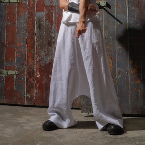 White linen harem pants womens, Drop crotch boho pants, Summer linen clothing for women, Plus sizes available, Organic clothing Slow fashion image 1