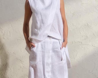 Asymmetrische witte linnen top dames, minimalistische zomerlinnen blouse met overlappende lagen, avant-garde linnen kleding, grote maten