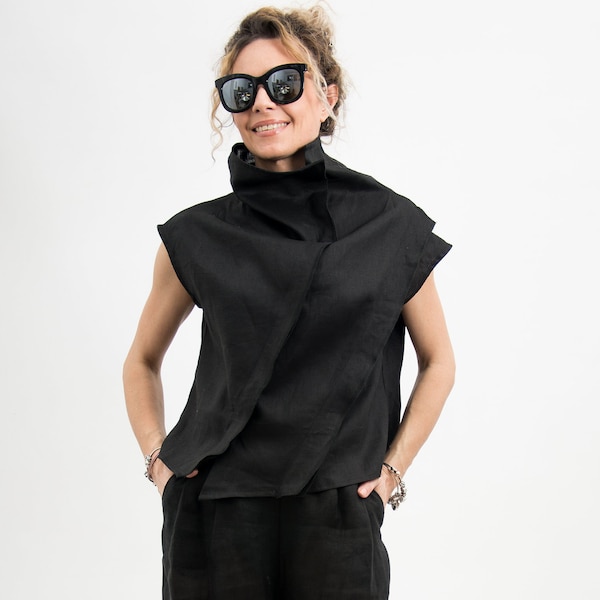 Black linen crop top avant garde clothing, Linen blouse women short sleeve, Womens linen top, Goth shirt for women