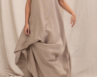 Beige summer linen maxi dress, Asymmetrical kaftan, Linen boho dress, Balloon dress linen clothing, Long organic linen dress