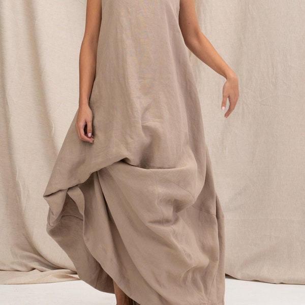 Beige summer linen maxi dress, Asymmetrical kaftan, Linen boho dress, Balloon dress linen clothing, Long organic linen dress
