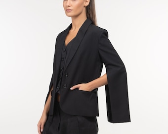 Slit-sleeves wool blazer womens, Tailored suit jacket women with trendy slit sleeves