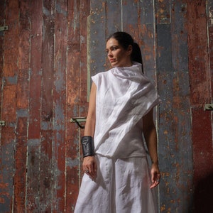 White summer linen top avant garde clothing womens, Short sleeve blouse women, Asymmetrical linen shirt, Japanese style Plus sizes available