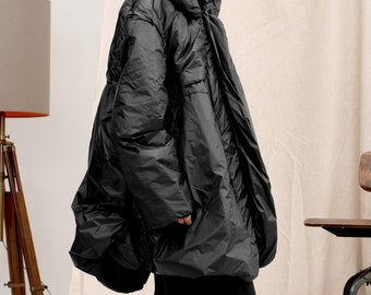 Asymmetrical Black Quilted Winter Coat Women, Oversized Women&#39;s Puffer Jacket, Avant Garde Winter Coat with Pockets and Adjustable Length