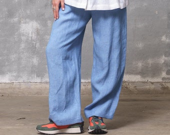 Light blue linen elastic waist pants women, Organic clothing Wide leg pants women, Linen clothing for women
