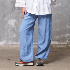 Light blue linen elastic waist pants women, Organic clothing Wide leg pants women, Linen clothing for women image 1