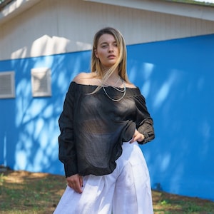 Black sheer blouse women, Avant garde cotton shirt women, Oversized top women, See-through shirt women